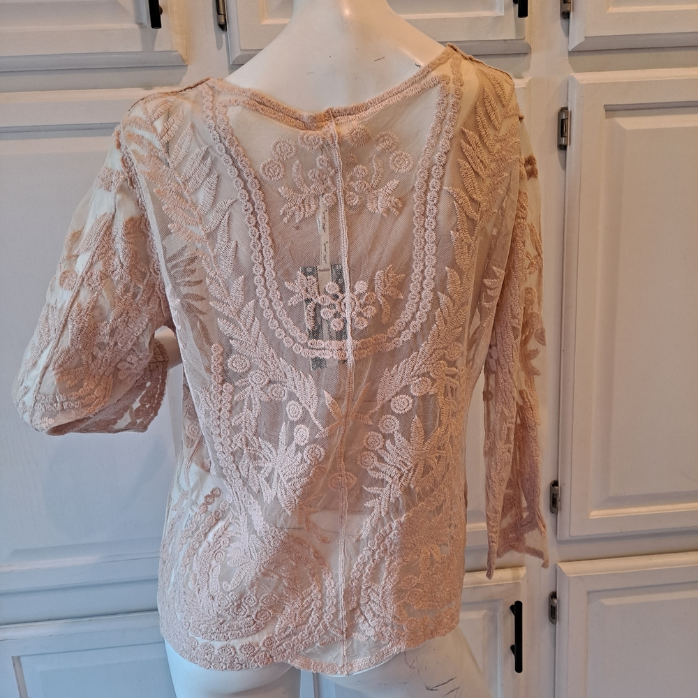 Ultra Pink Blush Dusty Rose Embroidered Sheer Lace Scoop-Neck Blouse - Picture 6 of 12